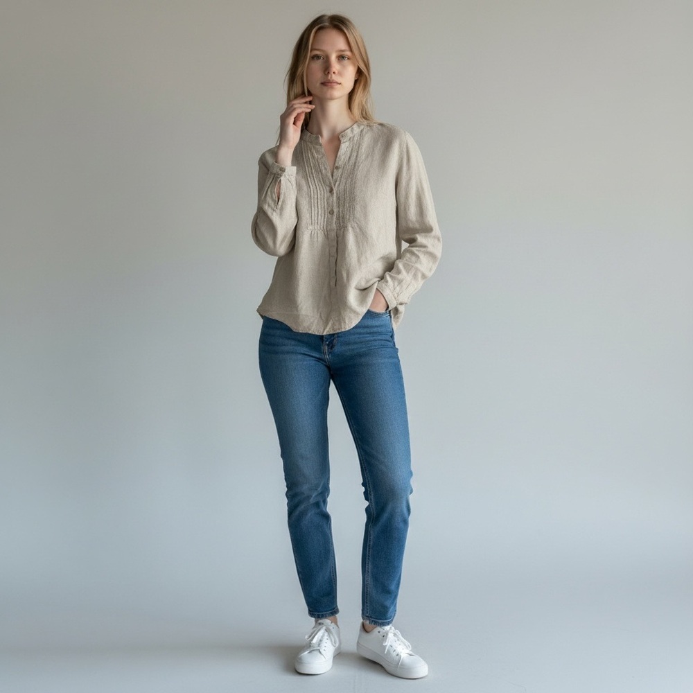 LL Bean Linen Pintuck Button Front Top Medium Neutral Long Sleeve Boho Casual